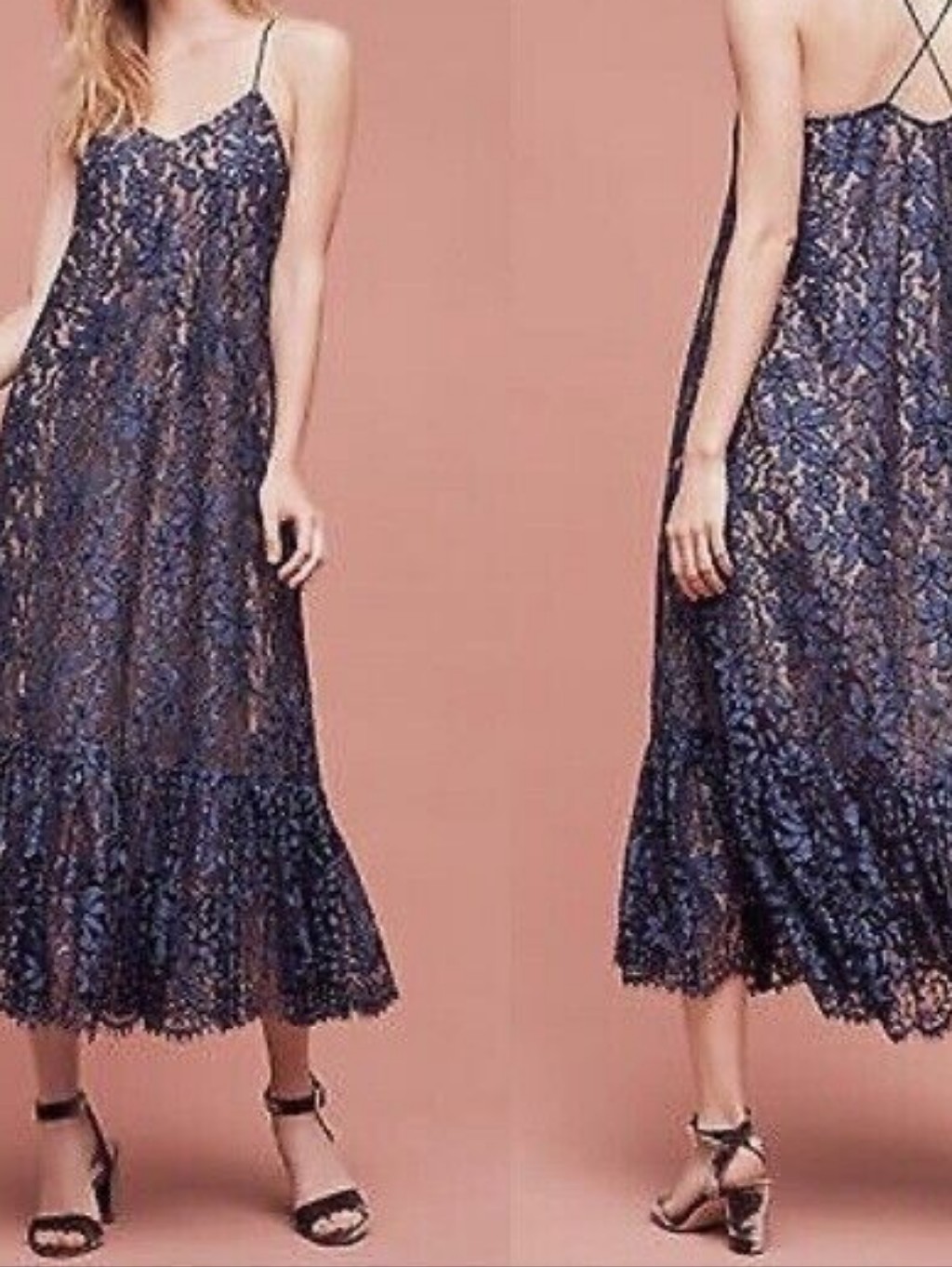 Moulinette Soeurs Navy Lace Midi Slip Dress